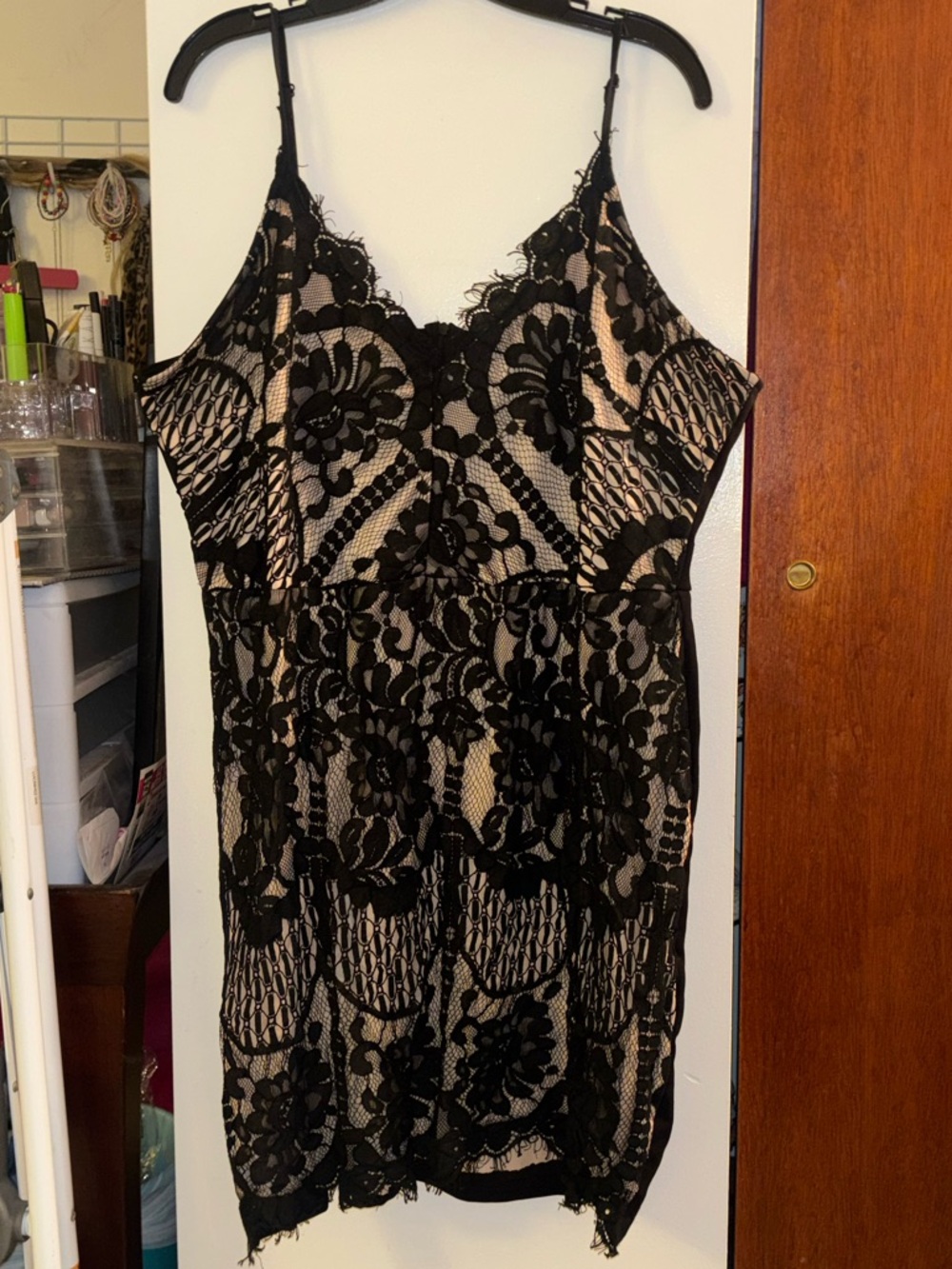 Black Lace Overlay Nude Slip Cami Dress